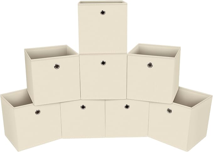 Foldable Storage Cubes Bins ,11 Inch Cloth Storage Cube Fabric Storage Box Cubes Organizer Baskets with Handles for Home Organizer Set of 8 (Creamy-White) by NieEnjoy