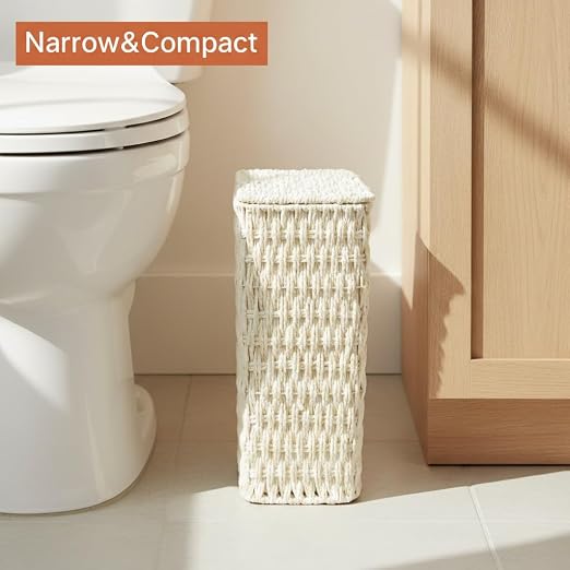 Coeusy 3 Gallon Paper Rope Bathroom Trash Can,Small Wicker Trash Cans with Lid and Liner,Woven Rattan Narrow Waste Basket for Bedroom,Office,White - Image 4