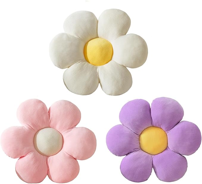 3Pcs Flower Pillow - Flower Shaped Throw Pillow Seating Cushion, Cute Daisy Flower Pillow Floor Pillows for Adults Kids Home Bedroom Sofa Chair Couch Decor (White/Pink/Purple, 15.74 in+19.68 in)