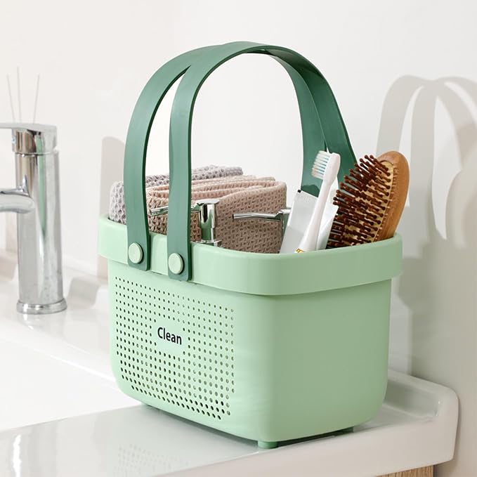 JiatuA Plastic Storage Basket with Handle Portable Shower Caddy Tote Organizer Basket Bin for Bathroom Kitchen Dorm Room Bedroom, Small Green - Image 2