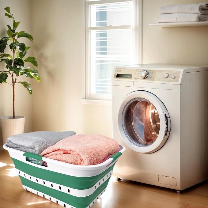 SAMMART 42L (11 gallon) Collapsible Plastic Laundry Basket - Foldable Pop Up Storage Container/Organizer - Space Saving Hamper/Basket (1, White/Winter Green) - Image 2