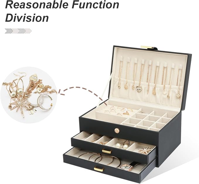 Jewelry Holder Organizer, Leather Jewelry Set Box with 2 Drawers, Jewelry Storage Box for Women Girls(Black) - Image 7
