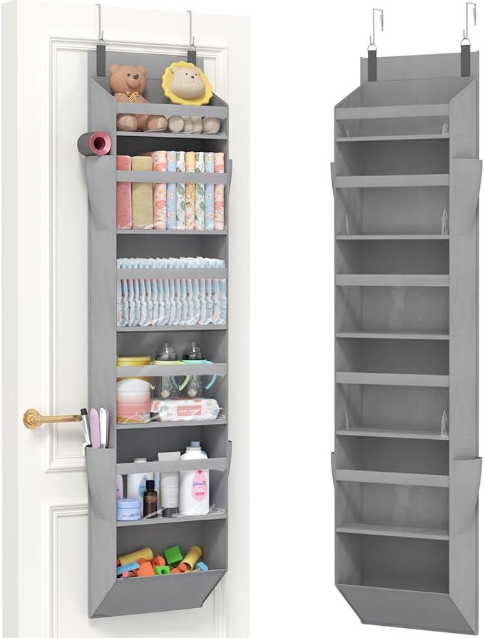 Lifewit 1 Pack Over the Door Organizer, 6 Section Clear Window Hanging Storage with 4 Side Pockets, Sturdy Anti Tilt 40 lbs Load Behind Door for Closet, Bedroom, Bathroom, Nursery, Dorm, Light Gray by Lifewit