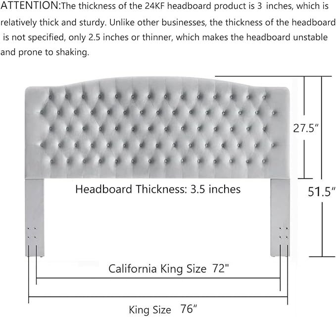 24KF Upholstered Tufted Button Velvet Headboard,Comfortable Fashional Headboard King/CA King Size,Gray