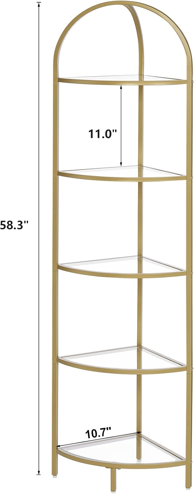 Homhedy 5-Tier Corner Shelf Stand, Metal Corner Bookshelf, Tempered Glass Shelves, Bathroom Storage Rack Shelf, Plant Stand, Modern Style, Golden - Image 2