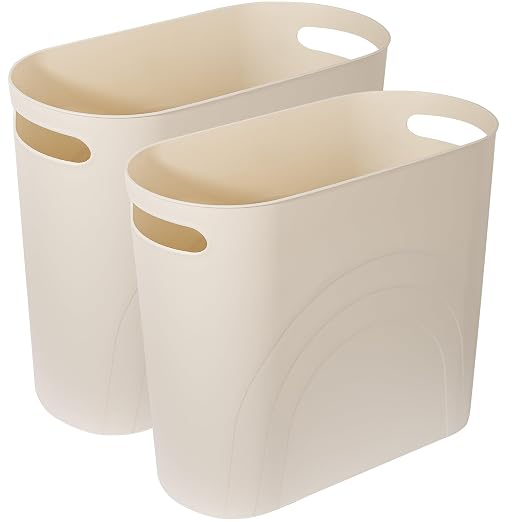 rejomiik Small Trash Can, 3.5 Gallon Slim Garbage Can Plastic Waste Basket with Handles Container Bin for Narrow Spaces Bathroom, Bedroom, Kitchen, Office at Home, 2 Pack Cream by rejomiik