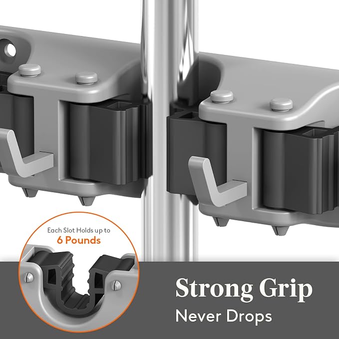Lifewit Mop and Broom Holder Wall Mount, Anti-Slip Broom Hanger for Cleaning Supplies Organizer, Easy Install Tool Hanging Rack for Closet, Kitchen, Garage, 5 Slot 6 Hooks, Hold 30lbs, Gray, 1 Pack - Image 2