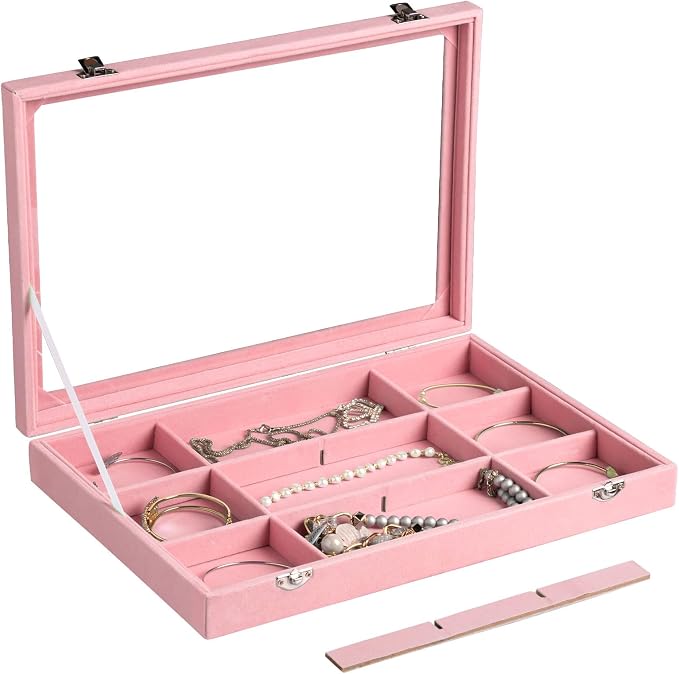 Frebeauty Velvet Jewelry Tray,12 Grid Jewelry Organizer with Clear Lid,Bracelets Holder,Jewelry Display Case with Clasp,Drawer Insert Bangle Brooch,13.8 x 9.5 x 2 Inches,Gift for Women Girls(Pink) - Image 5