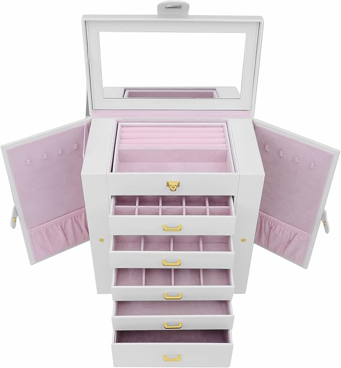 AKOZLIN Extra Large 6-Tier Jewelry Box Organizer with Mirror, 5 Drawers Leather Jewelry Storage Case for Women Girls Ring Necklace Earring Bracelet White - Image 6