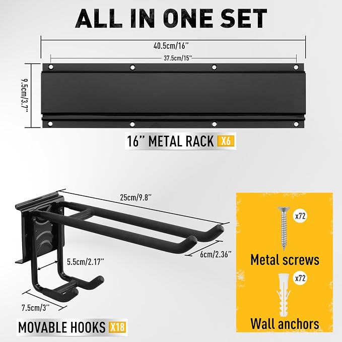 ELEAD 18-Pairs Heavy Duty Garage Tool Organizer Wall Mount Hooks, 96 Inches 1460 lbs Garden Tool Organizer with Adjustable Hooks for Garden, Yard, and Shed - Image 3