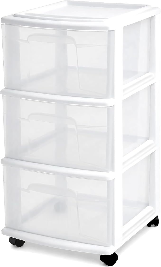 HOMZ Drawer Tower, 3-Tier Rolling Storage Cart with Removable Wheels, White Frame – Plastic Organizer with Clear Bin Drawers for Bedroom, Bathroom, Home Office, and Dorm Room by Homz