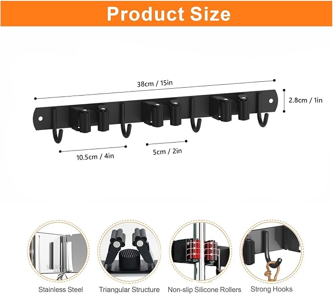 CUXIXA 2 Pack Mop and Broom Holder Wall Mount, Non-slip Broom Hanger Wall Mount, Heavy Duty Mop Broom Organizer for Kitchen Garden Garage Laundry Room Wall Decor Organization and Storage Black 3R4H - Image 4