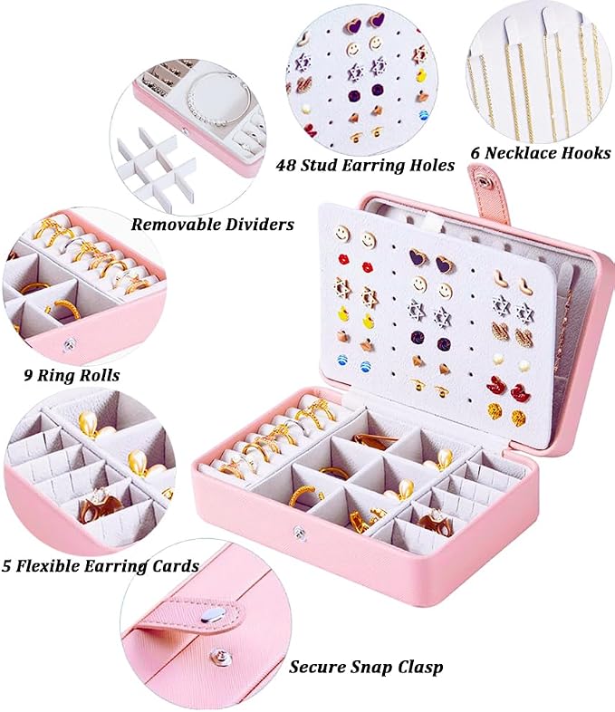 QBestry All-in-One Travel Jewelry Organizer for Women Pink | Small Jewelry Box with 68 Earring Holes | Compact Portable Jewelry Case for Earrings, Rings, Necklaces | Perfect Gifts for Mom Wife Girls - Image 2