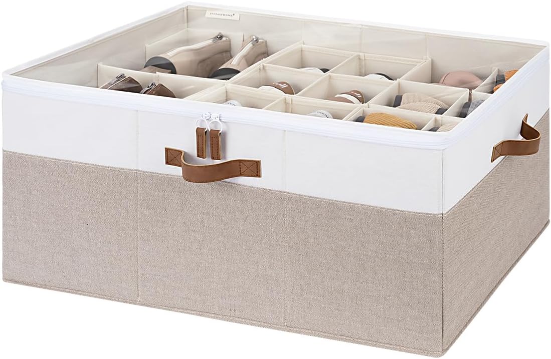 StorageWorks Shoe Organizer for Closet, Fits up to 24 Pairs, Shoe Cubby Storage Containers with Adjustable Dividers and Clear Cover, Brown & White by StorageWorks