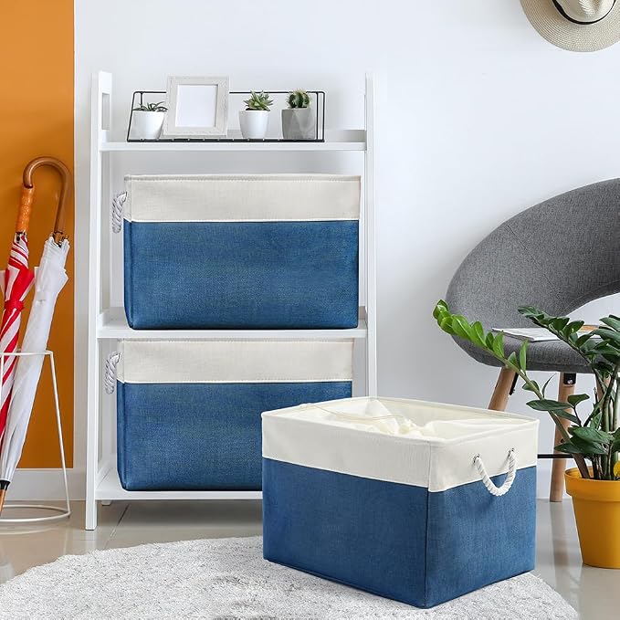 TheWarmHome Organization and Storage Basket for Shelves - Jumbo 3 Pack 20x16x14 inch Collapsible Storage Bins for Organizing, Canves Storage Cubes for Gift Organizer Toys Closet (White & Jean Blue) - Image 2