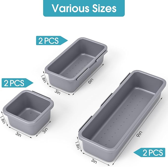 6 PCS Drawer Organizer Set, 3 Size Makeup Drawer Divider Organizer With Non-Slip Pads, Interlocking Plastic Storage Bins for Office,Jewelry Vanity,Gadgets, Bathroom,Kitchen, Grey - Image 2