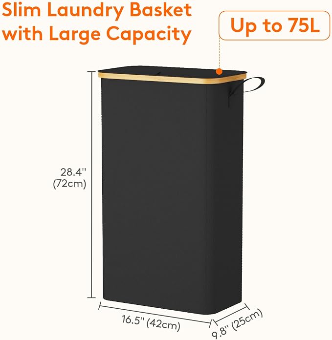 Lifewit 75L Slim Laundry Hamper with Lid, Narrow Laundry Basket with Removable Bag & Bamboo Handles, Fodable Thin Dirty Clothes Hamper for Laundry Collapsible Bin for Bathroom Bedroom Dorm, Black - Image 3
