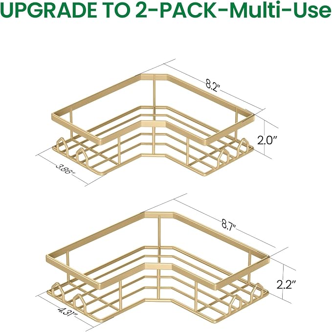 Adhesive Shower Caddy, 2 Pack Corner Bath Organizer, Rustproof Stainless Steel Shower Shelves with Large Capacity, No Drilling Shelves for Bathroom Storage, Home, Kitchen Decor (Gold). - Image 2