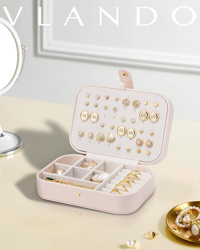 VLANDO Travel Jewelry Case, PU Leather Travel Jewelry Box with Earring Holder, Portable Display Small Jewelry Box for Mothers Day Women Girls Gift - Pink - Image 8