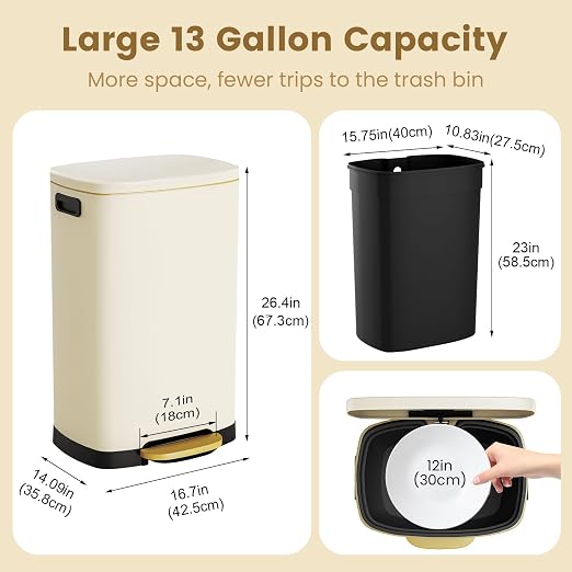 ELPHECO Kitchen Trash Can with Lid Soft Close, 13 Gallon / 50L Stainless Steel Pedal Garbage Can, Heavy-Duty Fingerprint Proof Step Wastebasket with 20 Bags, Removable Bucket, Home Office, Cream Beige - Image 3