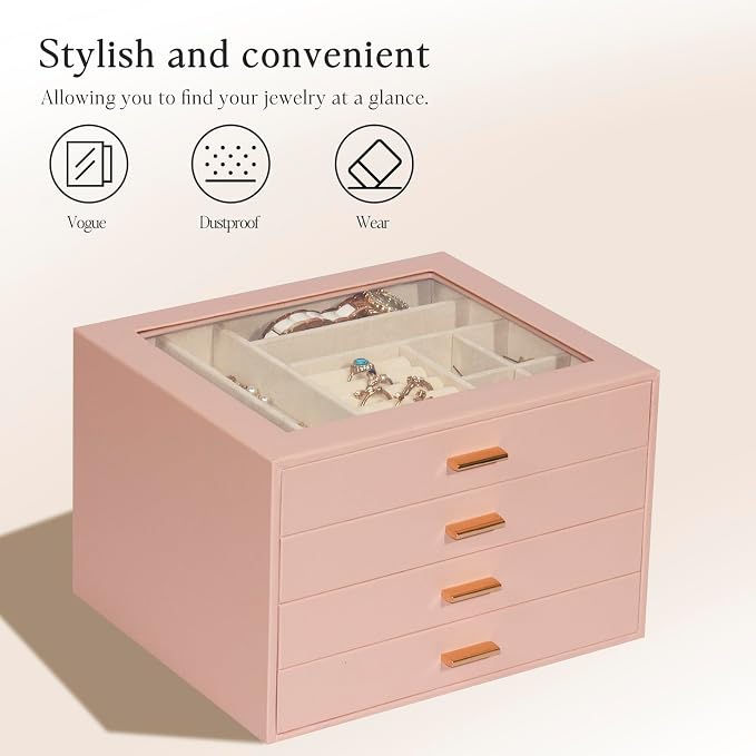 Jewelry Box with Glass Lid, 4-Layer Jewelry Organizer for Women Girls, PU Leather Display Case with 20-Grid Earring Tray & Movable Dividers for Necklaces Rings,Pink - Image 5