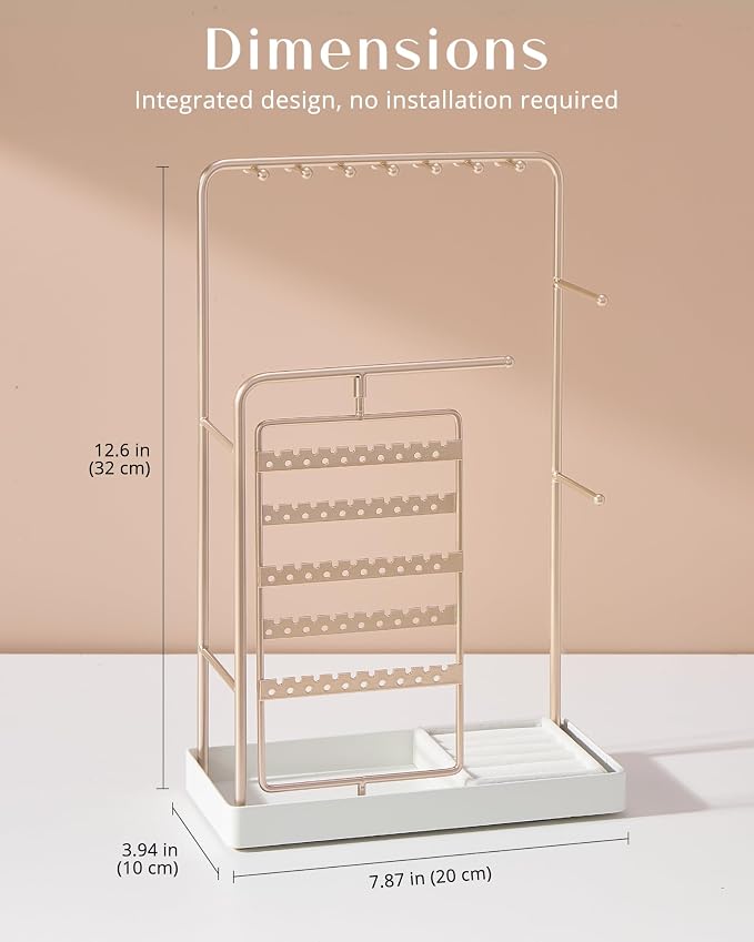 ProCase Jewelry Stand Holder Organizer, Jewelry Display Storage with Ring Tray, Rotating Earring Bracelet Necklace Holder, Valentine's Gifts Room Dorm Decor for Teen Girls -Champagne (No-Assembly) - Image 6
