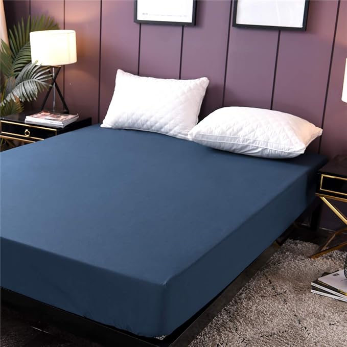 Holawakaka Twin Waterproof Mattress Protector Navy Blue Fitted Sheet Breathable Bed Mattress Pad Cover, 14" Deep Pocket (Navy Blue, Twin)