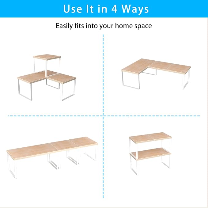 Golener Countertop Organizer Corner Shelf, 2 Tier Adjustable Stackable Corner Shelves for Kitchen, Bathroom, Spice Rack, Coffee Bar, Cabinet, Dresser Table, Corner Counter Shelf Stand, Natural Beige - Image 7