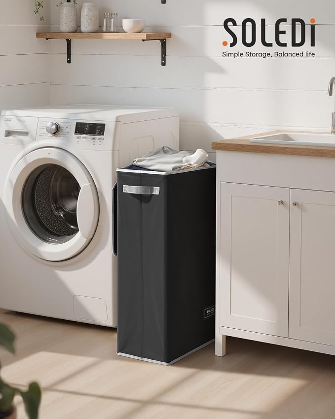 SOLEDI Slim Laundry Hamper with Lid, Narrow Laundry Basket with Removable Bags, Dirty Clothes Hamper with handle, Small Hamper perfect for Laundry room, Bathroom, Bedroom, Small spaces. 70L Black - Image 2