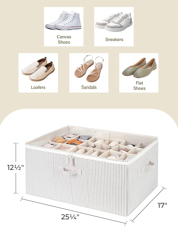StorageWorks Shoe Organizer for Closet, Fits up to 24 Pairs, Shoe Cubby Storage Containers with Adjustable Dividers and Clear Cover, Khaki and Beige Stripes - Image 3