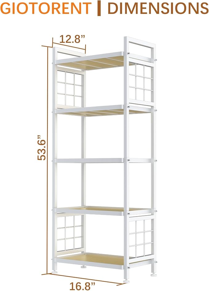 GIOTORENT 5-Tier Pantry Shelves with Wooden Boards, Heavy Duty Storage Shelves & Book Shelf, Adjustable Metal Shelving Unit for Kitchen Bathroom Laundry Organizer, Sturdy Rust-Resistant, White - Image 3