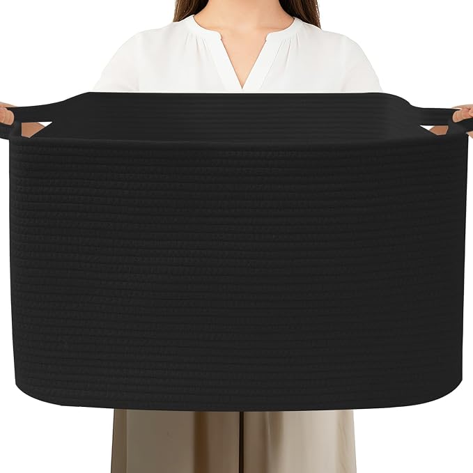 96L Large Blanket Basket,24"x16"x15"Rectangle Storage Bin with Handles,Woven Rope Laundry Basket for Toys, Clothes,Magazines,Home Organization,Nursery,Living Room & Bedroom,Black by HZFTJOY