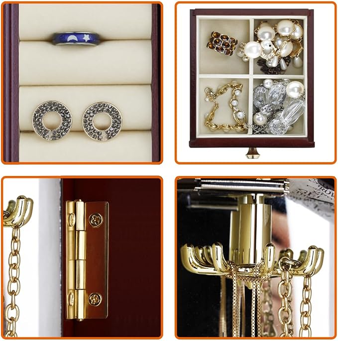 RR ROUND RICH DESIGN Jewelry Box - Made of Solid Wood with Cabinet Type 5 Drawers Organizer and 2 Separated Open Doors on 2 Sides and Large Mirror Brown - Image 4