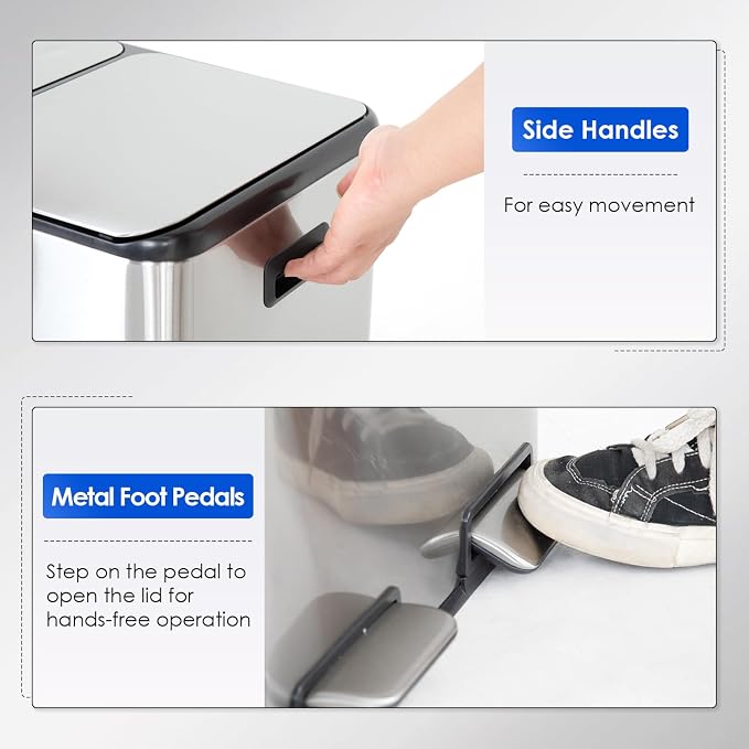 FDW Trash Can, 60 Liter (2x30L) 16 Gallon Stainless Steel Step Can, Rectangular Trash Can with Inner Buckets and Hinged Lids, Suitable for Kitchen Office Home Use,Silver - Image 4