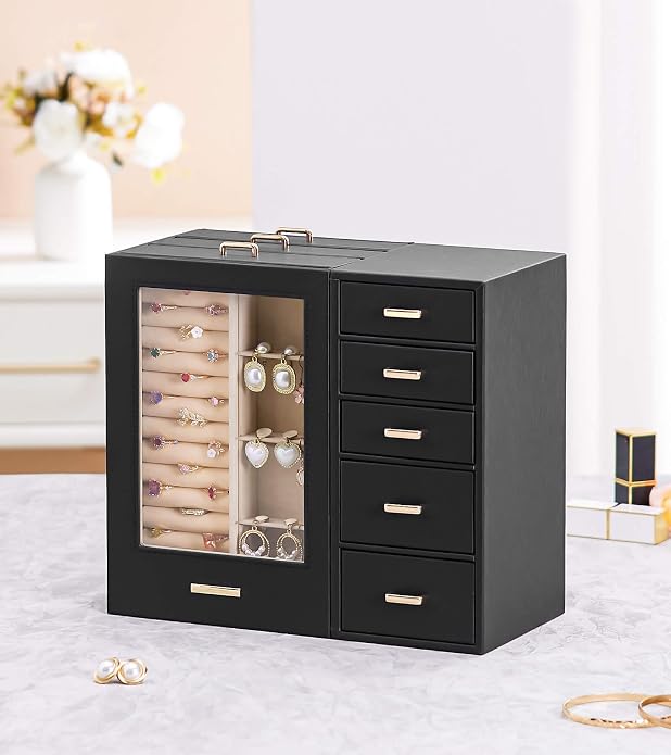 Homde Large Jewelry Box/Organizer/Case with Glass Window, Drawers for Necklaces Earrings Rings Bracelets Watches Gift for Women Girls - Image 8