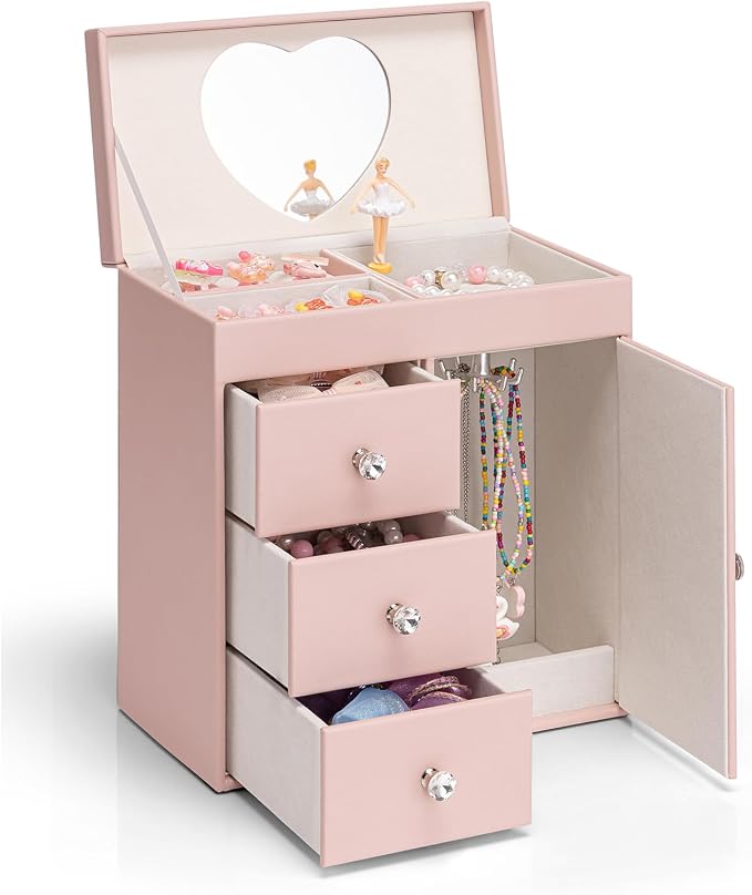 Vlando Musical Jewelry Box with Spinning Ballerina, Girls’ Jewelry Organizer for Necklaces Rings and Hair Accessories, Gift for Girls and Kids, Pink by VLANDO