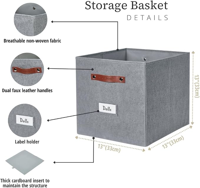 DECOMOMO Storage Cubes, 13x13x13 Storage Cube Bins with Labels, Fabric Organizer Bins (13" / 6pcs, Texture Grey) - Image 3