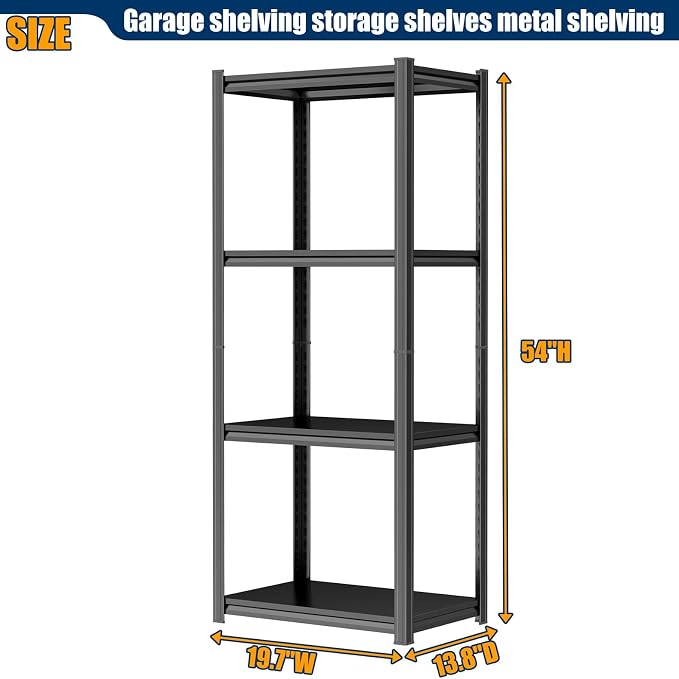 PRESTELION 54" H Storage Shelves 4-Tier Metal Shelf Garage Shelving Unit Adjustable Storage Rack for Basement, Warehouse, Pantry, Closet, Kitchen 54" H x 19.7" W x 13.8" D, Black - Image 2