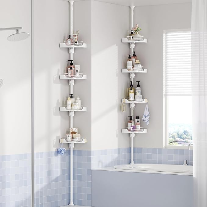 shuang qing 360° Rotating Corner Shower Caddy Tension Pole Organizer - 4-Tier Adjustable Rustproof Metal Pole, Plastic Shelves with Safety Guardrail, Bathroom Storage for Shower & Bathtub(White) - Image 7