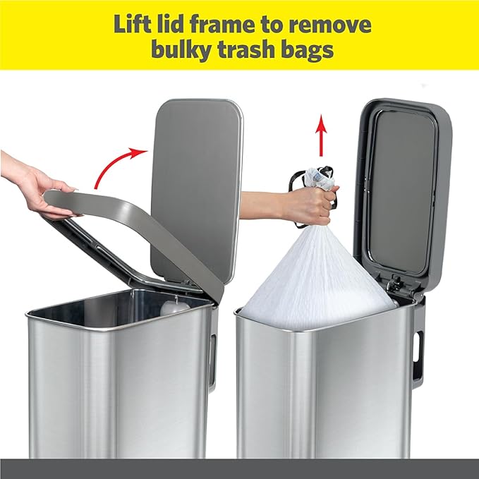 Glad Slim Trash Can with Clorox Odor Protection - Narrow Kitchen Garbage Bin with Soft Close Lid, Step On Foot Pedal and Waste Bag Roll Holder, All Stainless, 12 Gallon/45 Liter - Image 3