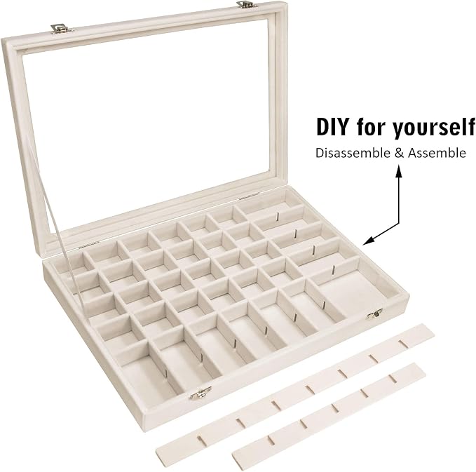 Siveit Velvet Jewelry Tray 48 Grid Jewelry Display Tray Organizer Box with Transparent Lid Rings Earrings Necklaces Pendants Display Box Suitable for Women and Girls (Beige) - Image 6