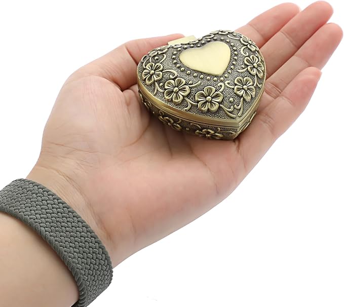 Hipiwe Vintage Heart Shape Jewelry Box - Small Antique Ring/Earrings/Necklace Storage Organizer Case, Metal Treasure Chest Trinket Keepsake Gift Box for Women,Bronze - Image 6