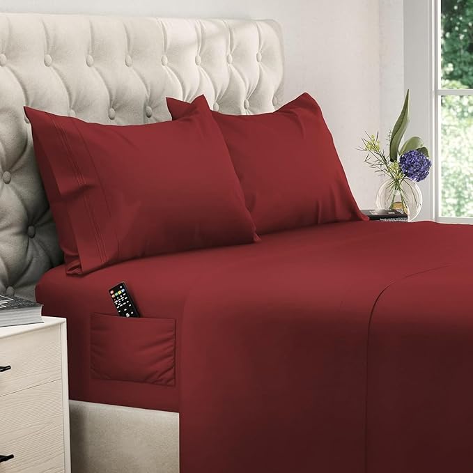 DREAMCARE Twin XL Sheet Sets - 4 pcs Breathable Cooling Bed Sheets - up to 15" Deep Pocket Twin XL Sheets Set with Side Pockets - Extra Soft 100% Brushed Hypoallergenic Hotel Luxury Bedding - Burgundy