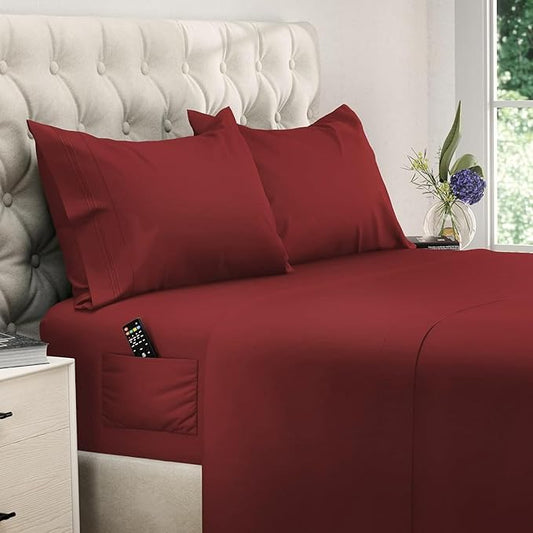 DREAMCARE Twin XL Sheet Sets - 4 pcs Breathable Cooling Bed Sheets - up to 15" Deep Pocket Twin XL Sheets Set with Side Pockets - Extra Soft 100% Brushed Hypoallergenic Hotel Luxury Bedding - Burgundy
