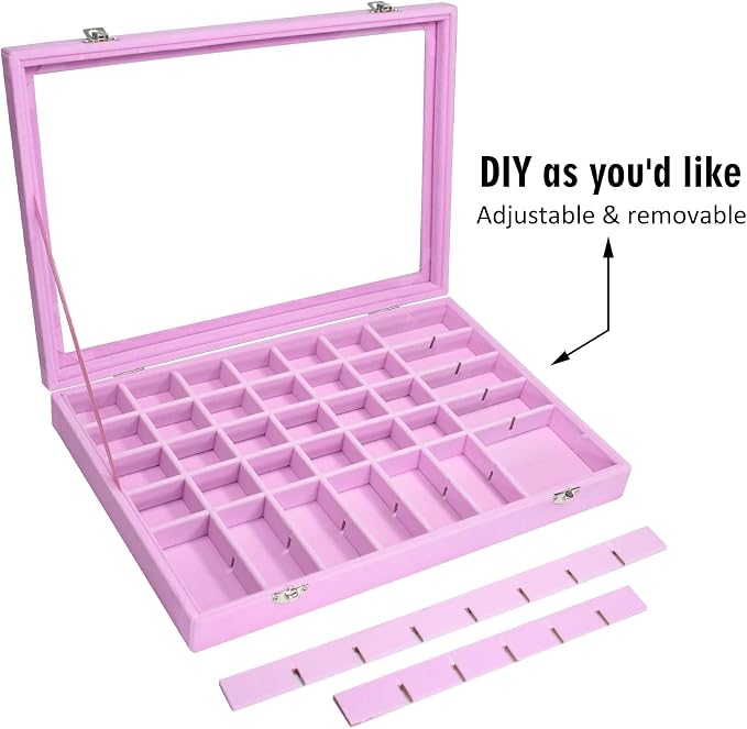 Siveit Velvet Jewelry Tray 48 Grid Jewelry Display Tray Organizer Box with Transparent Lid Rings Earrings Necklaces Pendants Display Box Suitable for Women and Girls (Pink) - Image 6
