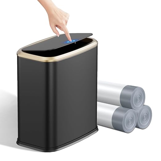 2.1 Gallon Bathroom Trash Can with Lid Press Top, 8 Liter Stainless Steel Garbage Can with Press Type Lid, Slim Trash Bin Waste Basket for Toilet, Office, Bedroom, Living Room (Black) by KHMMGK