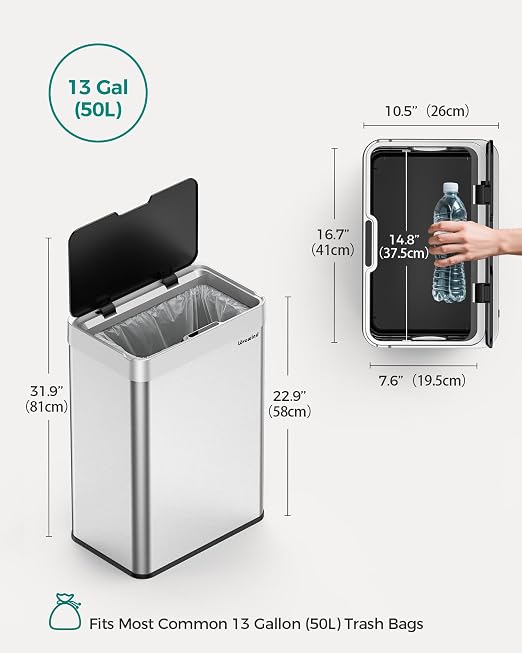 Kitchen Trash Can Touchless, 13 Gallon/50 L Stainless Steel Automatic Motion Sensor Trash Can, Type-C Rechargeable Garbage Can with Lid, Silent Close, Touchless Trash Bin for Home Kitchen, Silver - Image 8