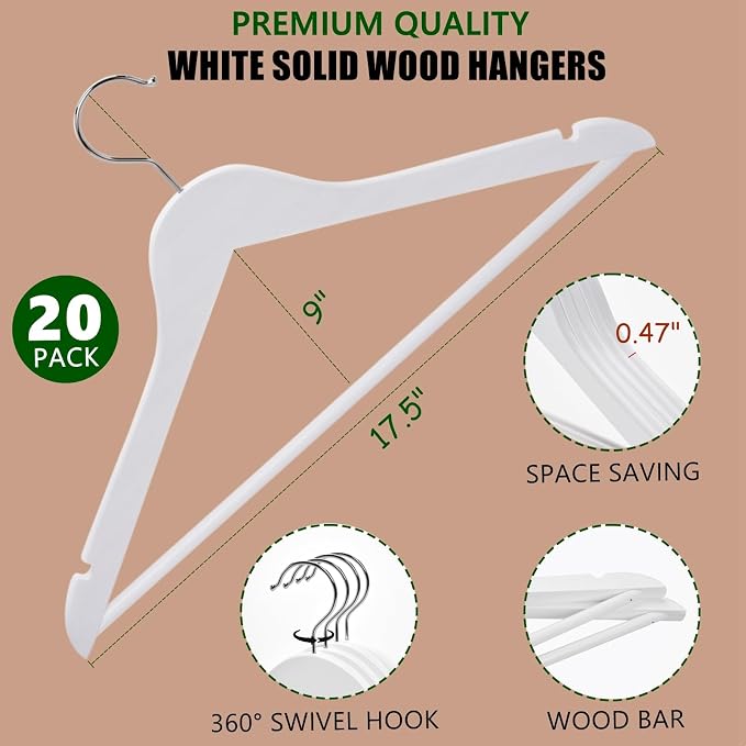 Amber Home 20 Pack White Wooden Coat Hangers, White Wood Suit Hangers with Non-Slip Pant Bar, Clothes Hangers for Closet Organization, Shirts, Jackets, Dresses, and Pants (White, 20) - Image 2