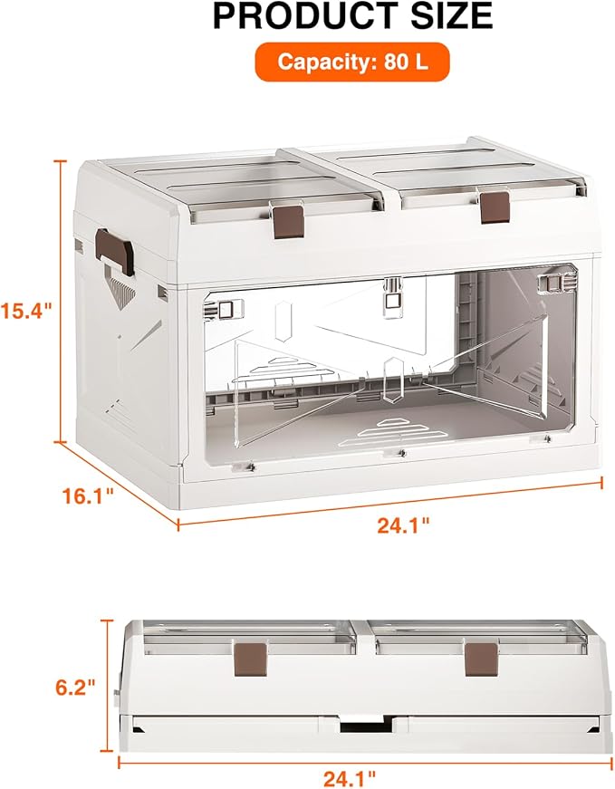 Closet Organizer and Storage Box, Large Essential Collapsible Plastic Car Trunk Container with Clear Lids and Doors, Open Front Multifunctional Stackable Bin for Bedroom, Dorm Room, Craft 80 L - Image 2