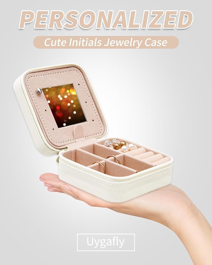 Uygafly Travel Jewelry Case - Personalized Jewelry Box for Women,Small Jewelry Organizer Cute Jewelry Organizers and Storage Aesthetic,Travel Essentials Birthday Gifts for Girls Women | Cream,P - Image 3